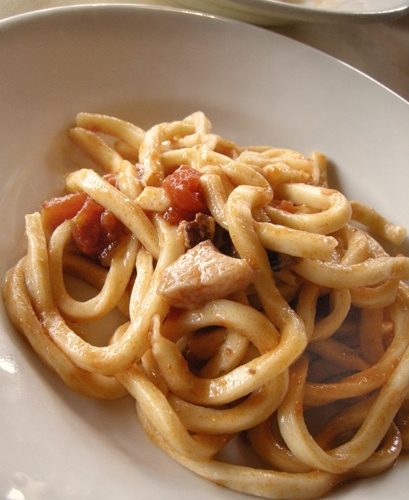 Blog Post Photo, Chitarra Pasta Tomato in White Bowl